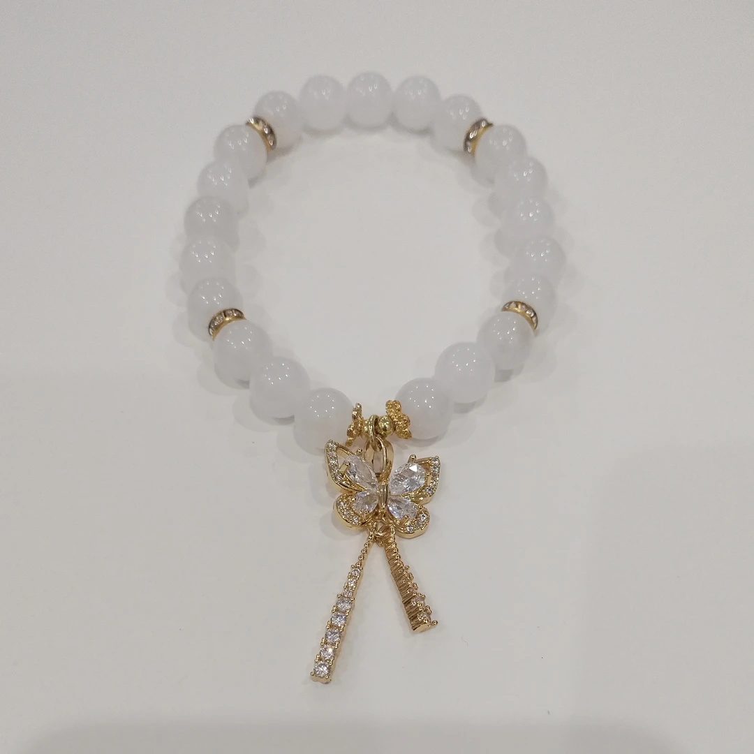 天然卡8和田白玉配天然锆石蝴蝶吊坠时尚手链076