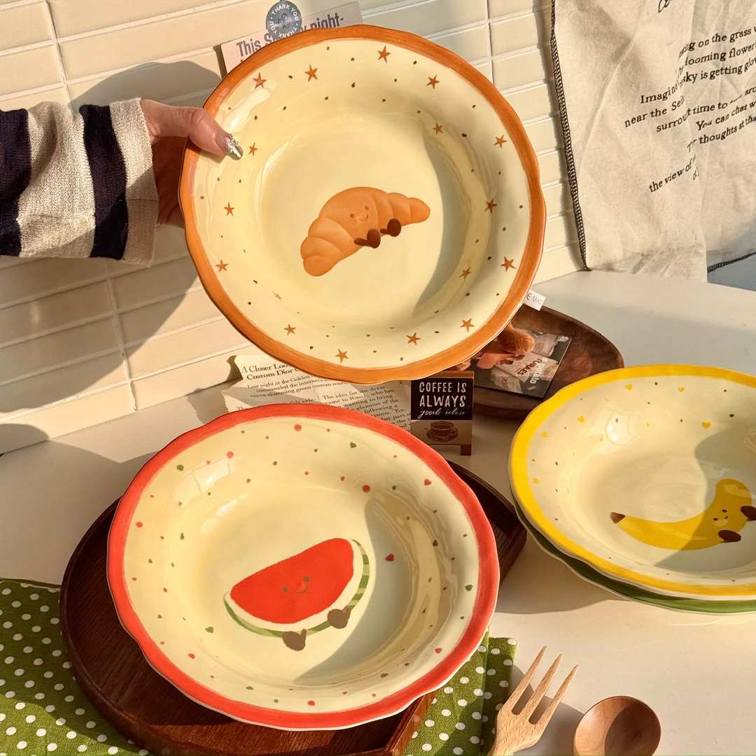 【四盘】水果可颂陶瓷盘子8英寸釉下彩可爱手绘少女心深盘子超好看