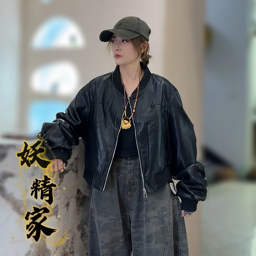 6027【妖精家】韩版时尚百搭宽松显瘦棒球领极简风皮衣外套女