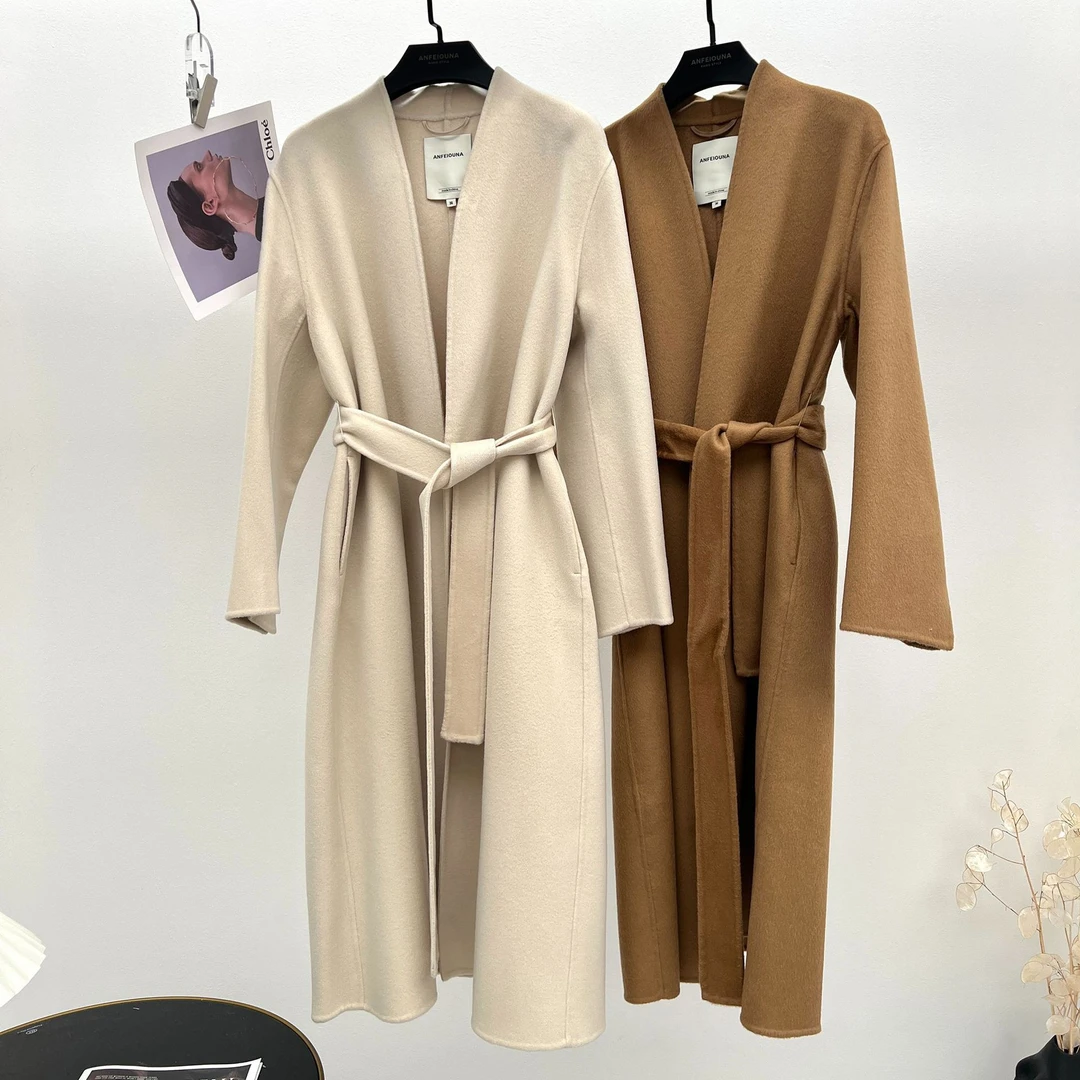 安斐欧娜秋冬新款羊毛桑蚕丝软糯舒适无领腰带女双面呢羊绒大衣秋