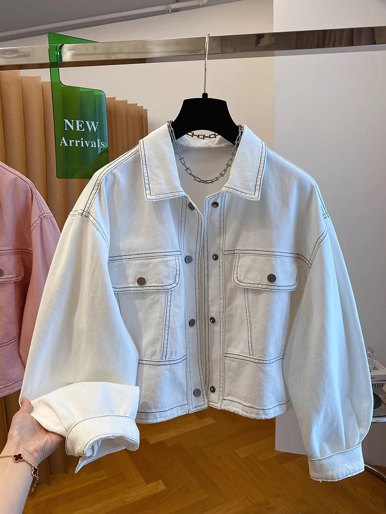 短款2025开春新款宽松明线牛仔夹克上衣韩国东大门粉色牛仔外套女