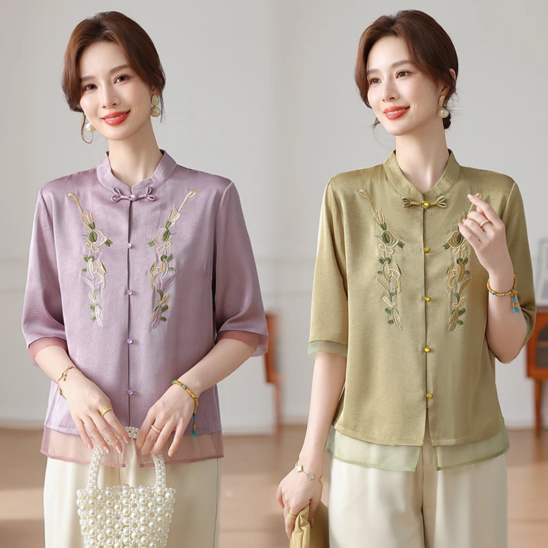 2025年新款妈妈春夏装两件套套装薄款中老年女上衣时尚aa6109