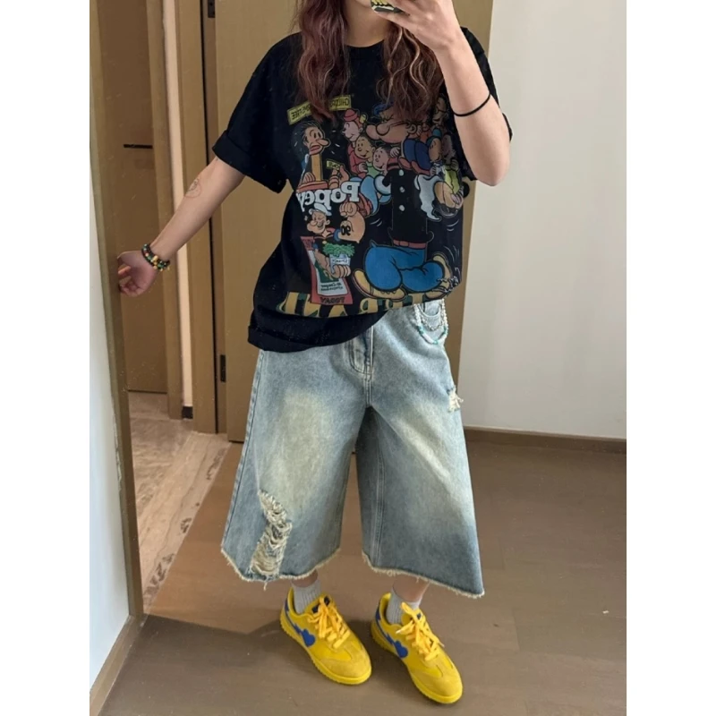 美式复古破洞七分牛仔裤女2025夏季新款高腰宽松阔腿显瘦直筒中裤