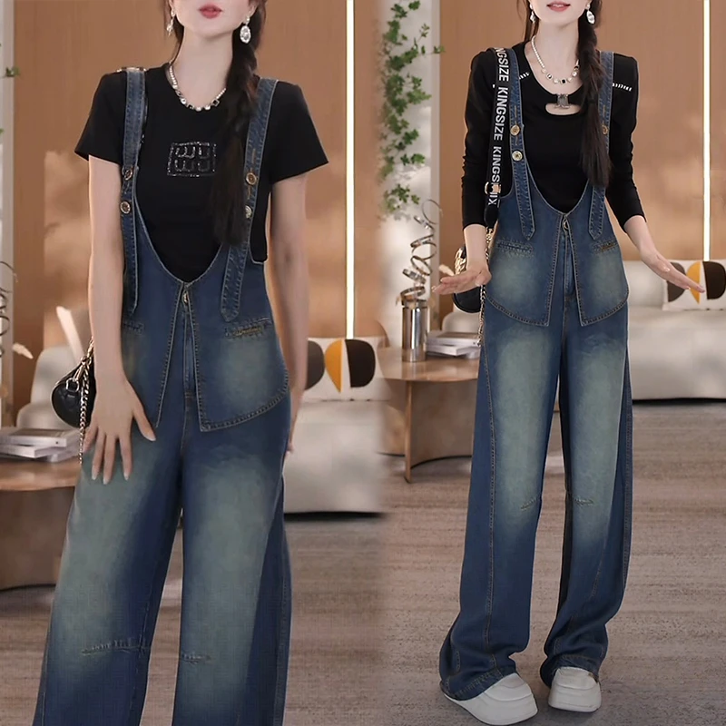 帅气可调节牛仔背带裤丹宁风洋气女裤小个子可穿时髦牛仔阔腿裤Y