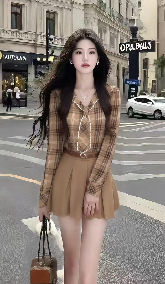 轻奢高端小众休闲卡其色长袖V领衬衫上衣+卡其色百搭半身裙两件套