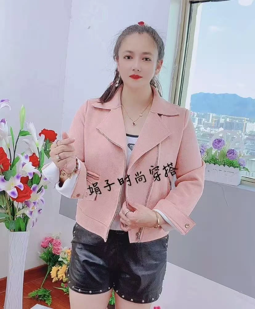 春秋款翻领常规修身款女短外套春秋鹿皮绒面料机车风洋气气质上衣