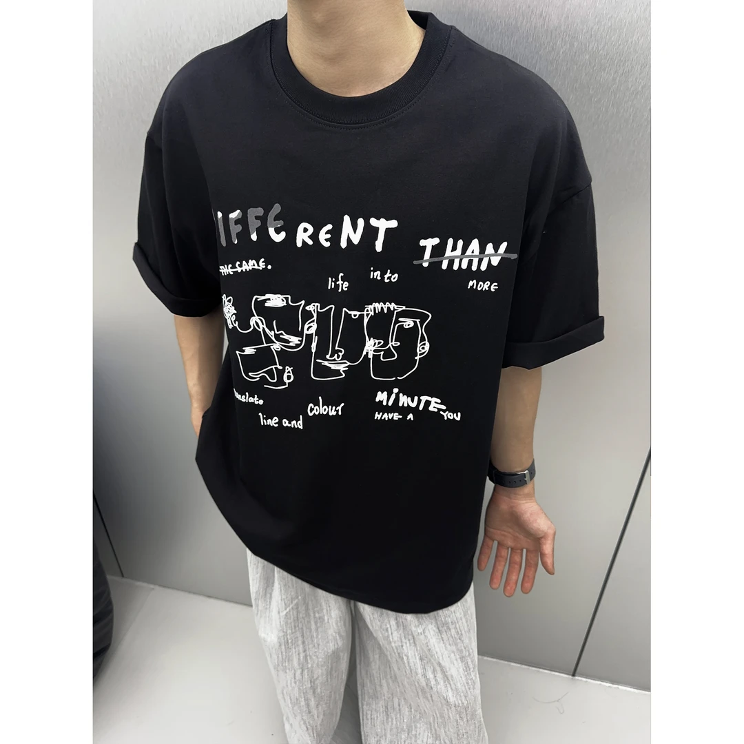 MKSN 复古趣味创意字母线条涂鸦短袖T恤宽松休闲圆领潮牌上衣 312