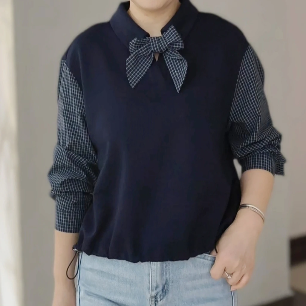 领带拼接薄款套头秋季透气卫衣外套翻领女装长袖时尚宽松