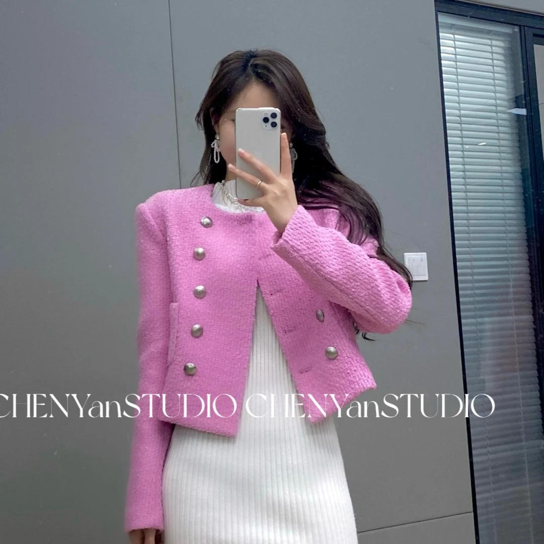 CHICHEN小香风粗花呢双排扣短外套