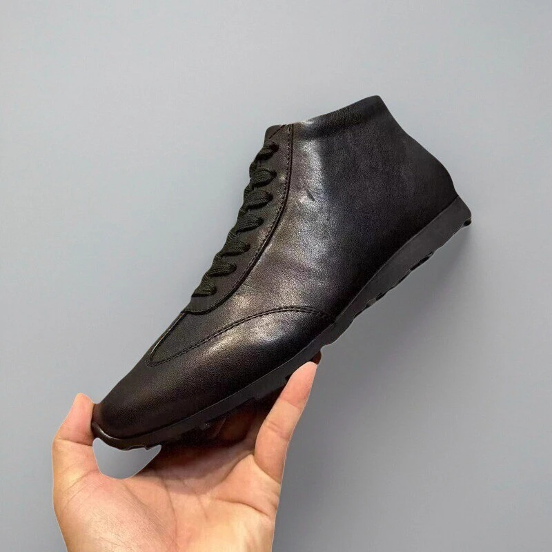 头层胎牛皮中高帮德训鞋男鞋2025新款真皮平底手工休闲靴子短靴潮