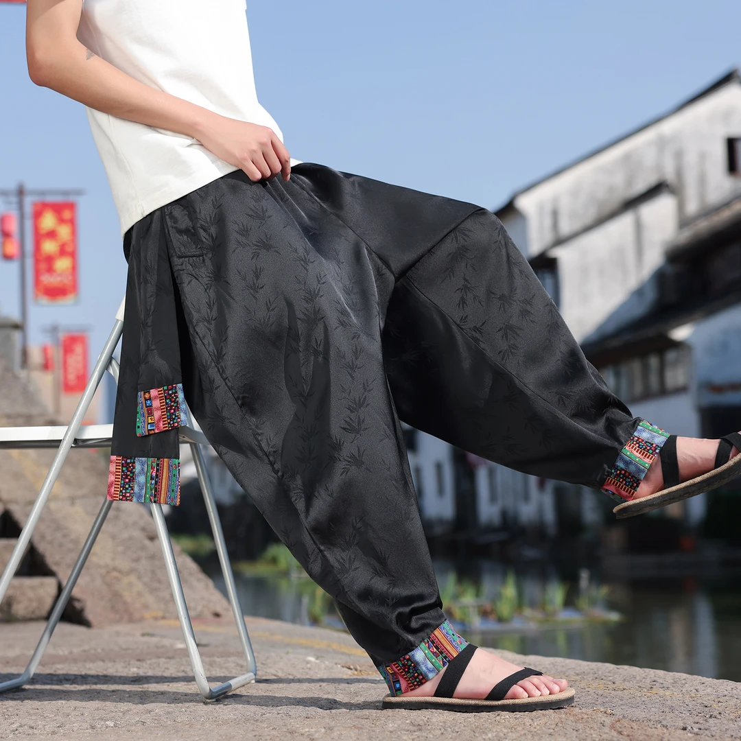 冰丝裤男裤子夏季薄款中国风提花直筒哈伦裤大码宽松垂感灯笼长裤