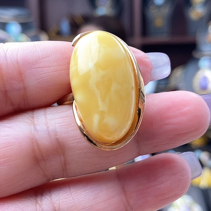 琥珀戒指银S925镶嵌戒指