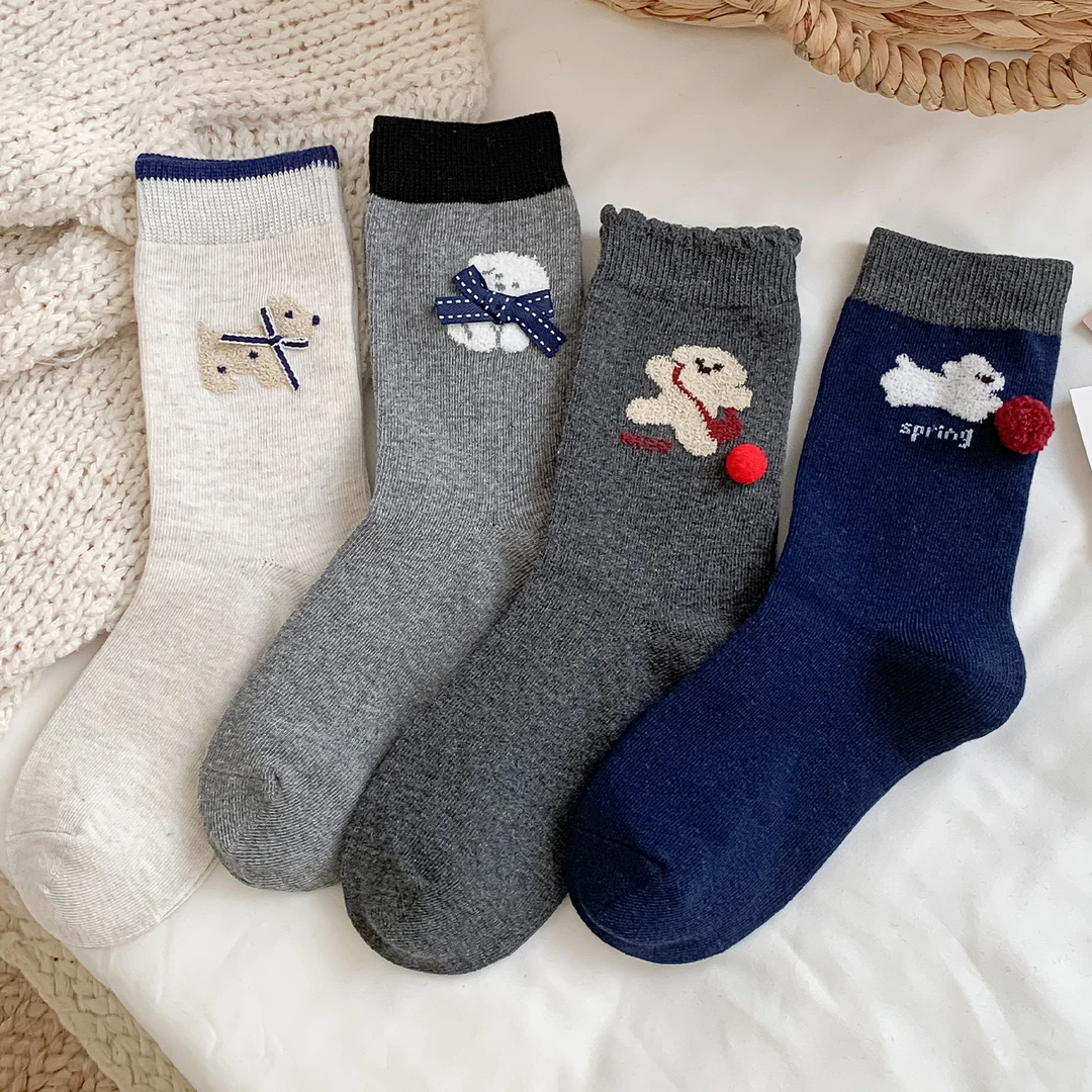 杭臻可爱植绒小狗袜子女中筒袜棉袜春秋季日系卡通蝴蝶结长堆堆袜