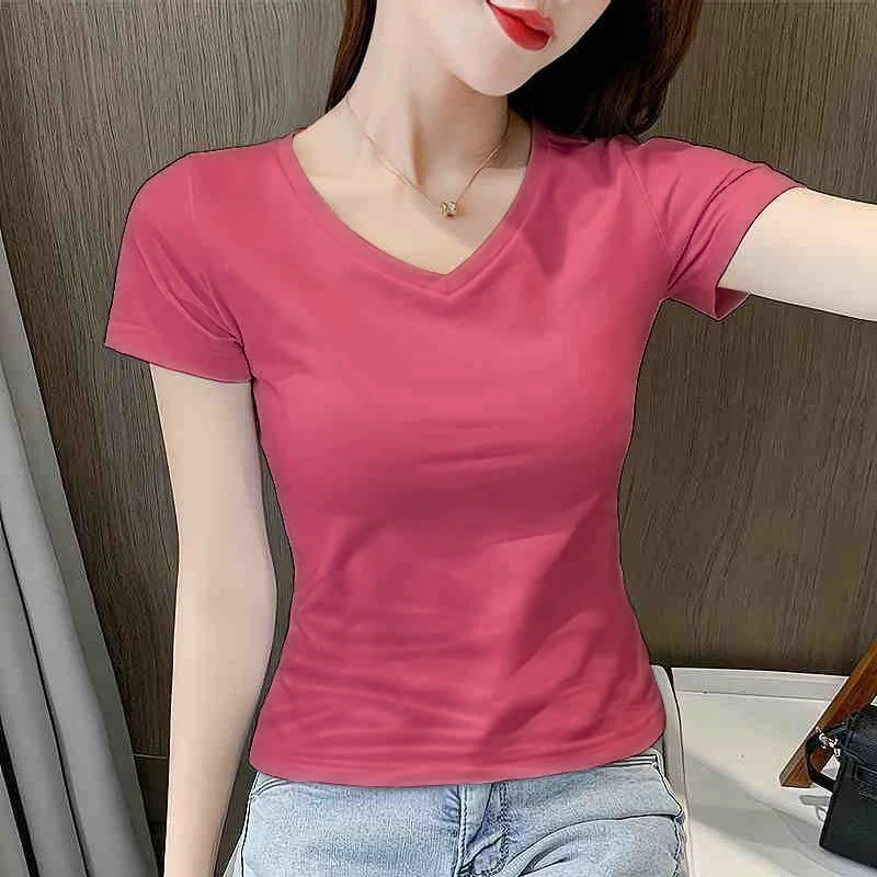 玫粉色t恤女短袖2025夏季新款韩版修身百搭体恤洋气显瘦v领上衣潮