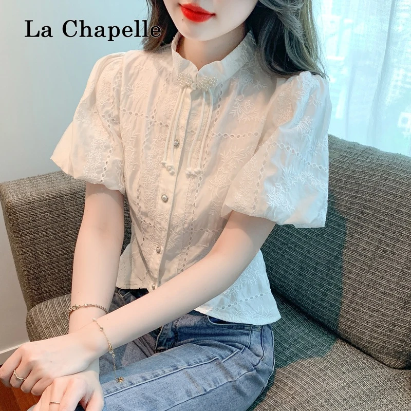 拉夏贝尔2025新款夏季复古法式拼接设计气质泡泡袖蕾丝衬衫上衣女