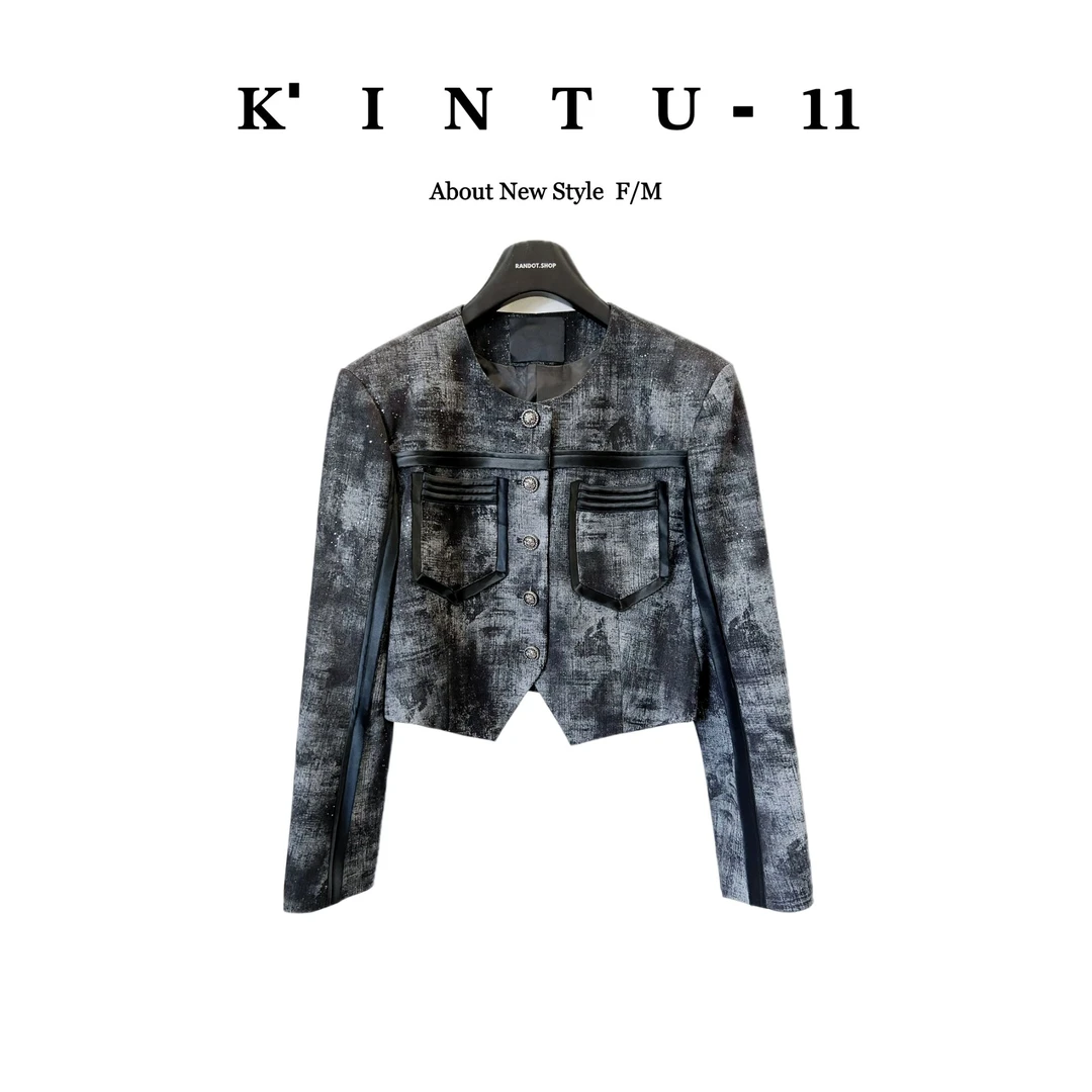 【K-11】原创设计圆领扎染拼缎面条廓形短款外套E1008