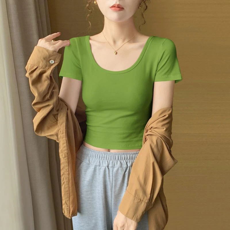 绿色短款u领正肩短袖t恤女夏2025新款修身低领高腰露脐小个子上衣