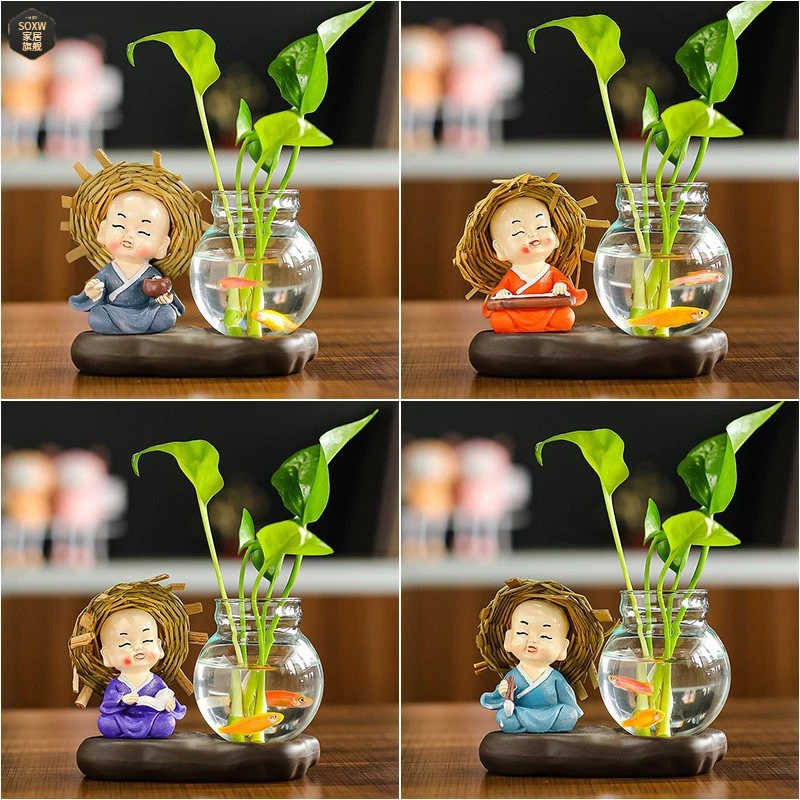 创意网红树脂工艺品四不和尚绿萝水培花瓶客厅办公桌家居装饰摆件