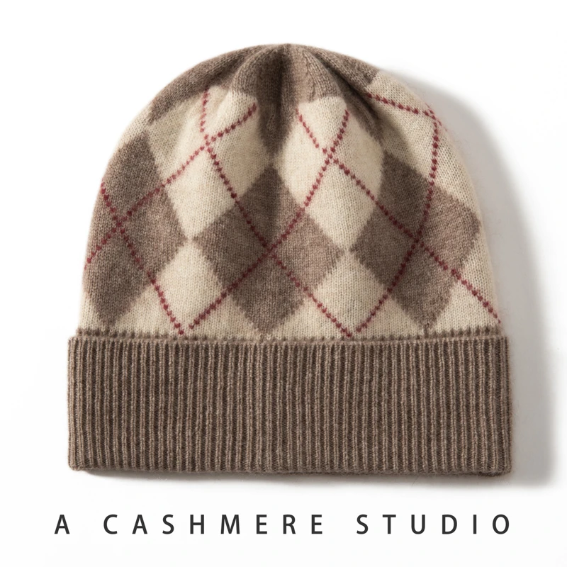 2025秋冬新款山羊绒撞色格子男女保暖防风护耳针织包头帽休闲帽