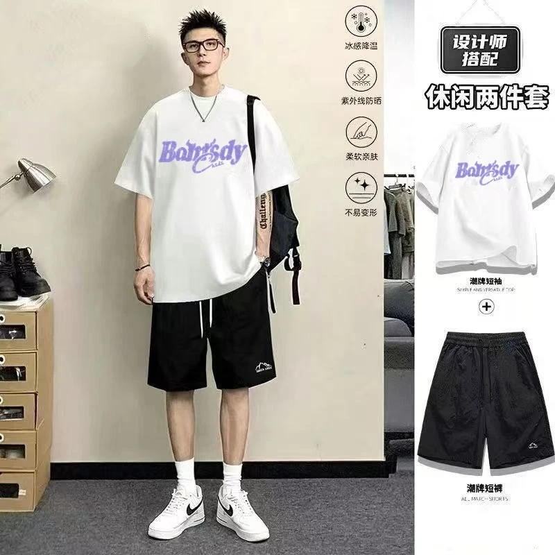 美式潮流纯棉短袖套装男夏季休闲运动宽松大码痞帅t恤短裤两件套