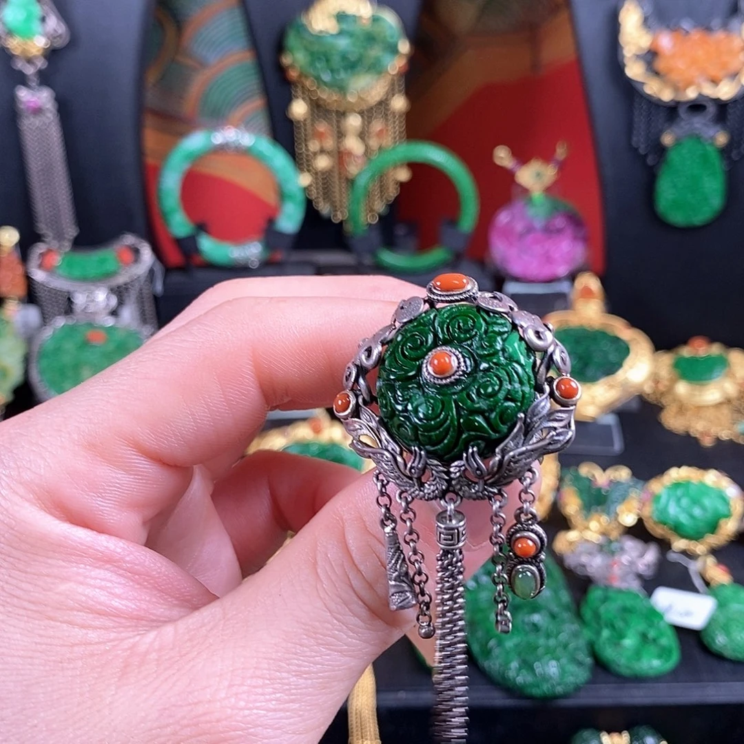 翡翠银S925镶嵌颈饰戒指