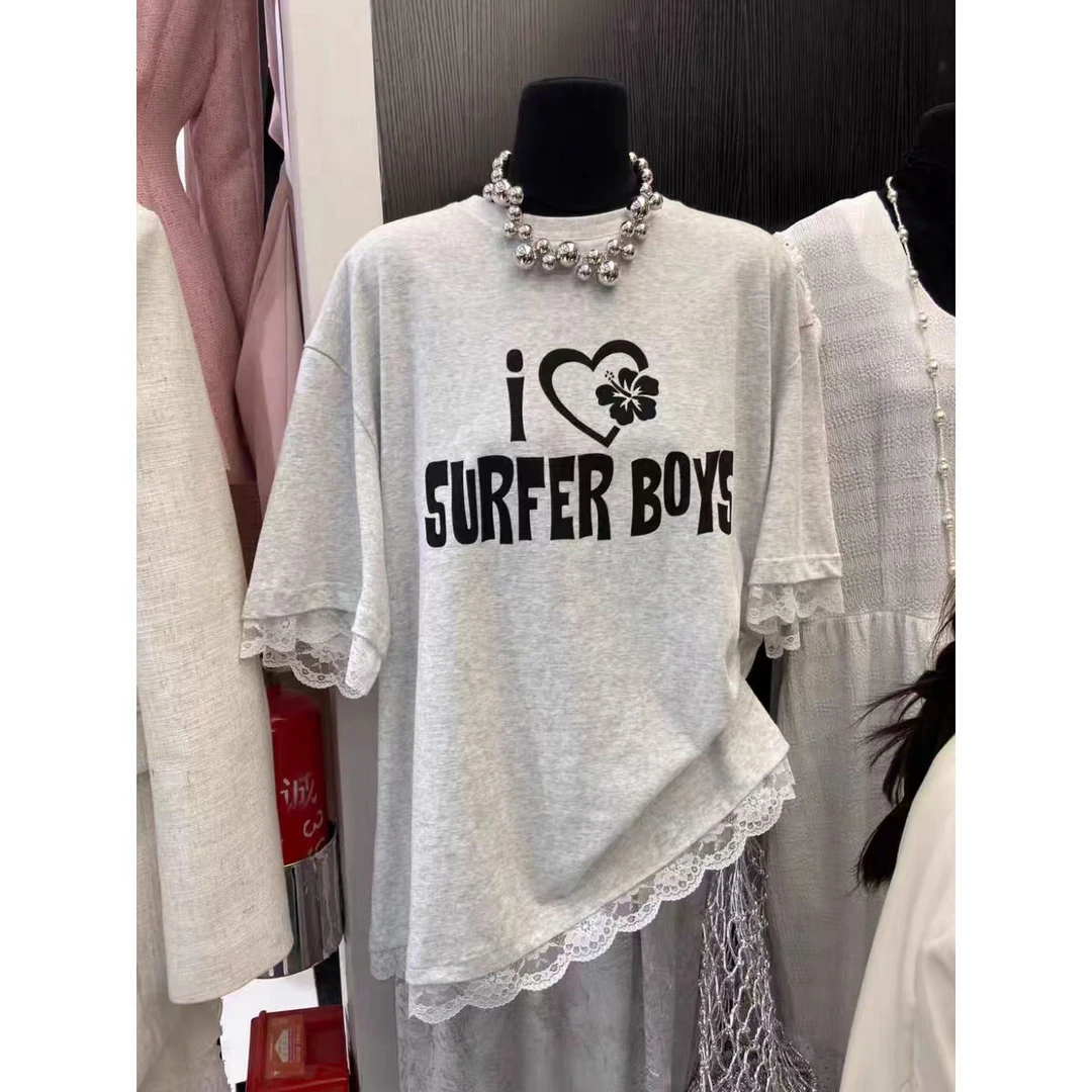 韩版设计感小众2025春夏季时尚ins潮宽松显瘦拼蕾丝字母T恤女上衣