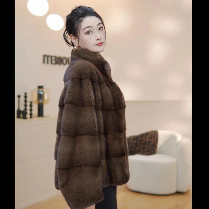 【雪貂世家】进口天鹅绒整貂横排水貂皮女复古冬貂皮外套立领短款