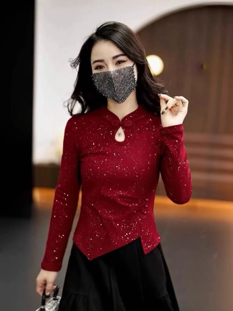 【丽娜专属】2408【衣长55】新中式秋冬打底衫女修身半高领洋气上衣