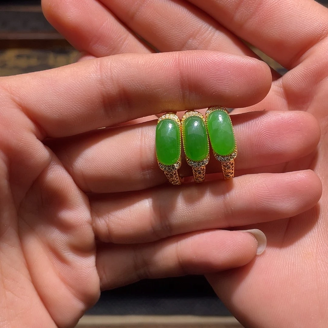 和田玉俄罗斯碧玉镶嵌戒指多样性发一银S925镶嵌