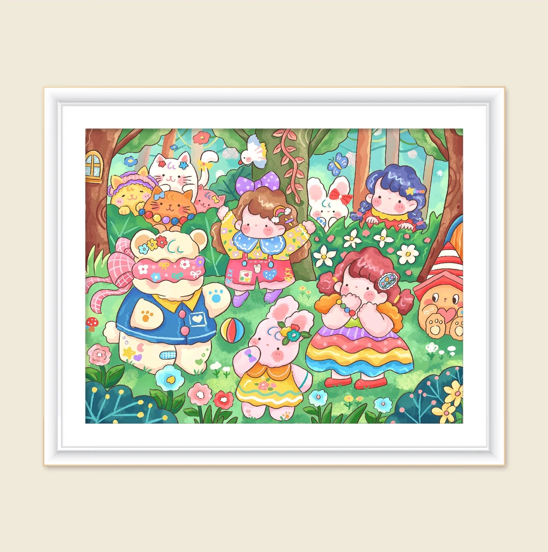 新疆长绒棉布，森林躲猫猫65*80捉迷藏大格十字绣（精准印花）