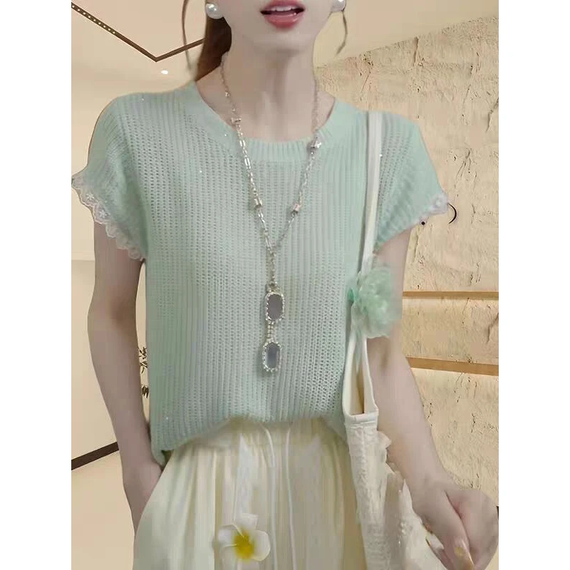 镂空蕾丝边小飞袖冰丝针织衫女夏季薄款显瘦独特超好看多巴胺上衣