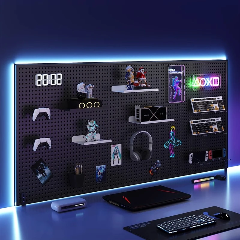 定制电竞房洞洞板置物架墙上电脑桌收纳艺金属冲孔板挂墙架造型墙