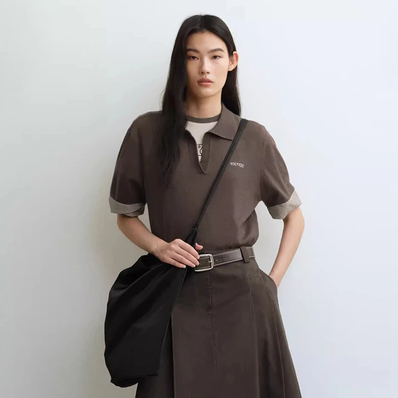 【YOEYYOU】noundnound拼缩绒拼布V领毛织短袖上衣女25春夏新款