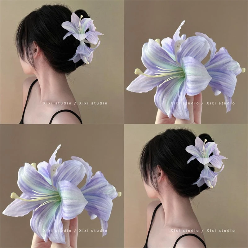 百合超仙花朵氛围仿真百合花气质高级后脑勺盘发鲨鱼抓夹头饰发饰