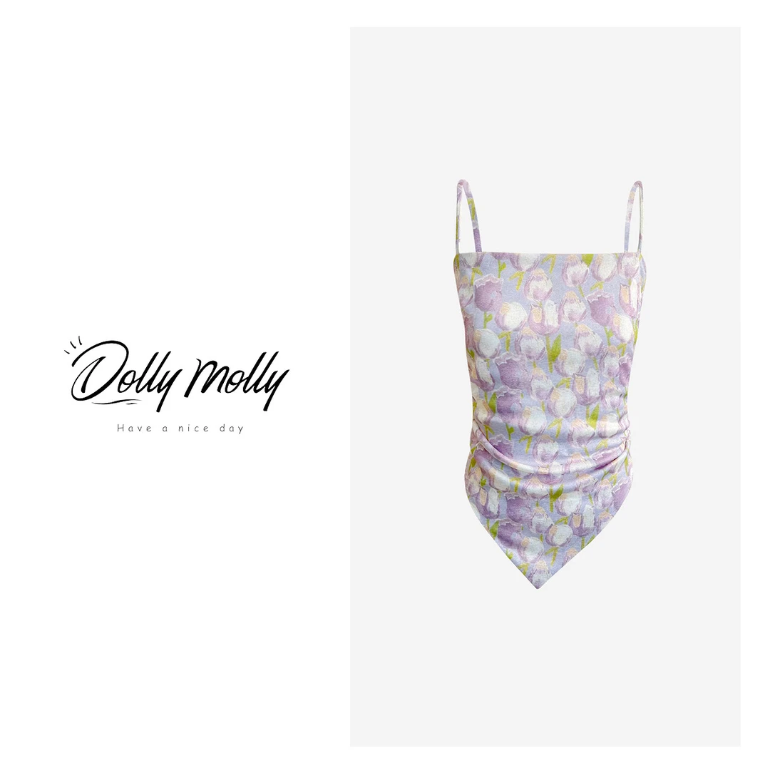 DOLLY&MOLLY优雅紫色郁金香弹力针织肚兜吊带背心春夏女士 328