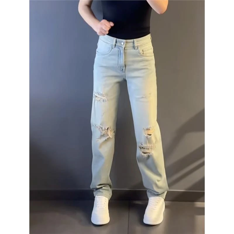 潮牌男装轻奢大码男士秋冬新款浅色阔腿破洞美式高街复古牛仔裤子