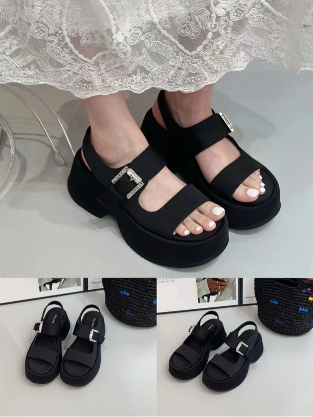 欧货｜2025新款时尚超轻厚底莱卡布松糕露趾百搭凉鞋女跟高8cm