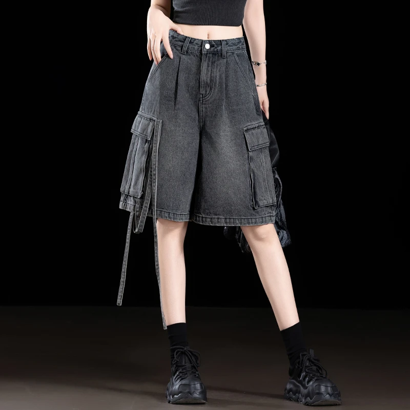 黑色大口袋工装牛仔短裤女2025新款夏高腰显瘦直筒中裤阔腿五分裤