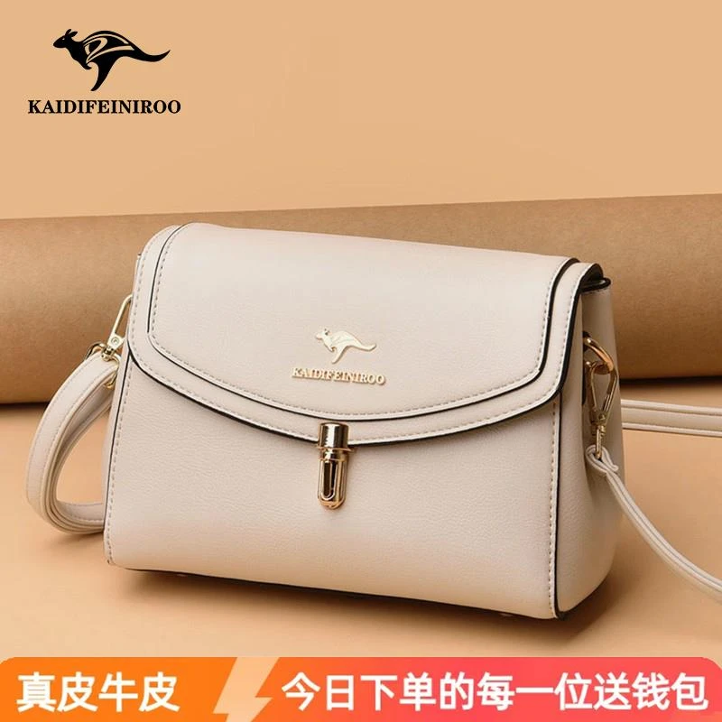 袋鼠品牌真皮小方包包女2025新款时尚斜挎包中年妈妈包零钱手机包