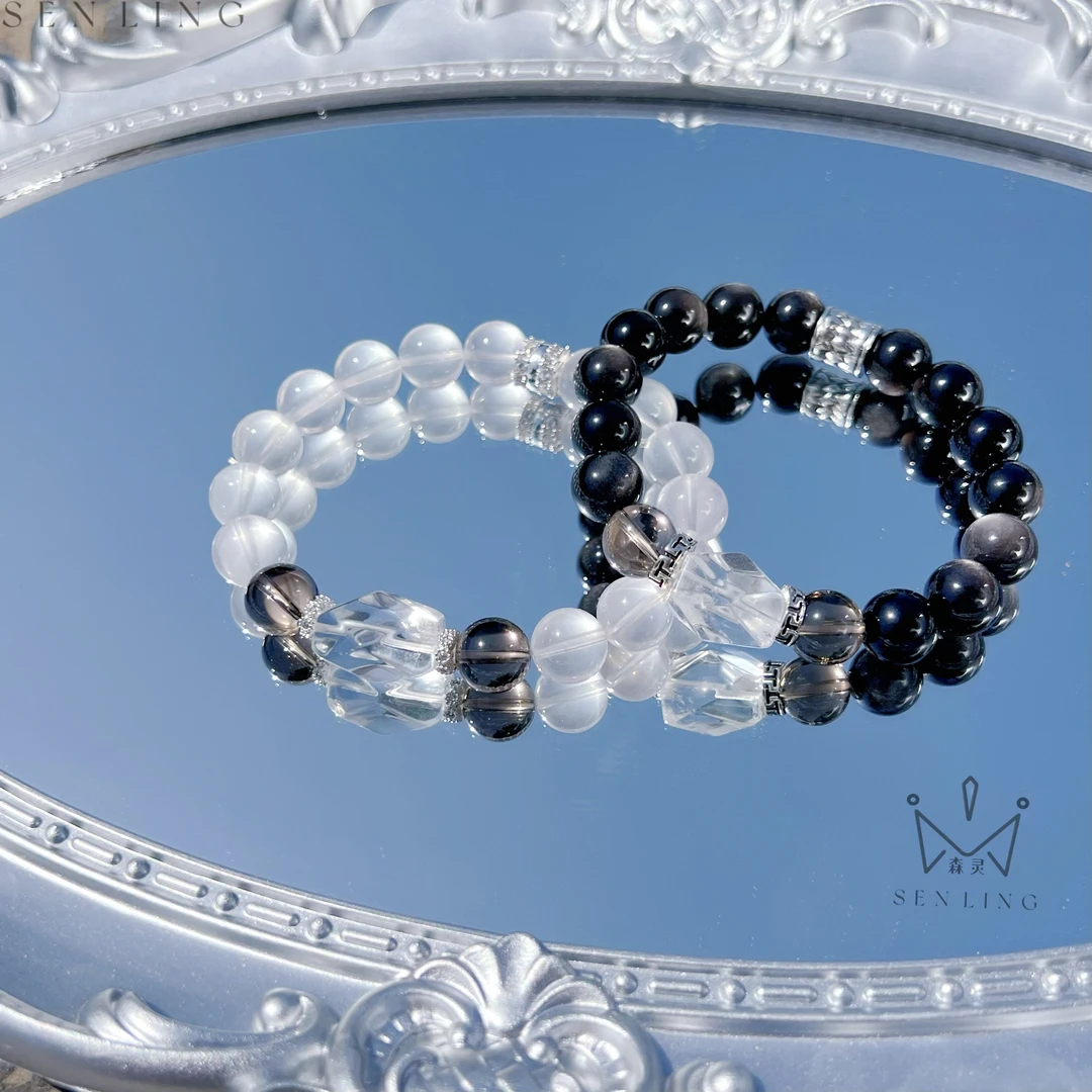 【森灵情侣款】新款520礼物情侣手串奶白晶x茶晶x银耀x白水晶石手串