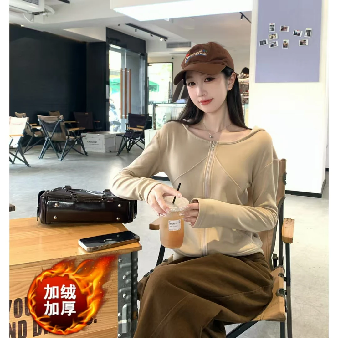 【婴芙绒】加绒加厚修身立体裁剪短款连帽百搭卫衣秋冬上衣外套女