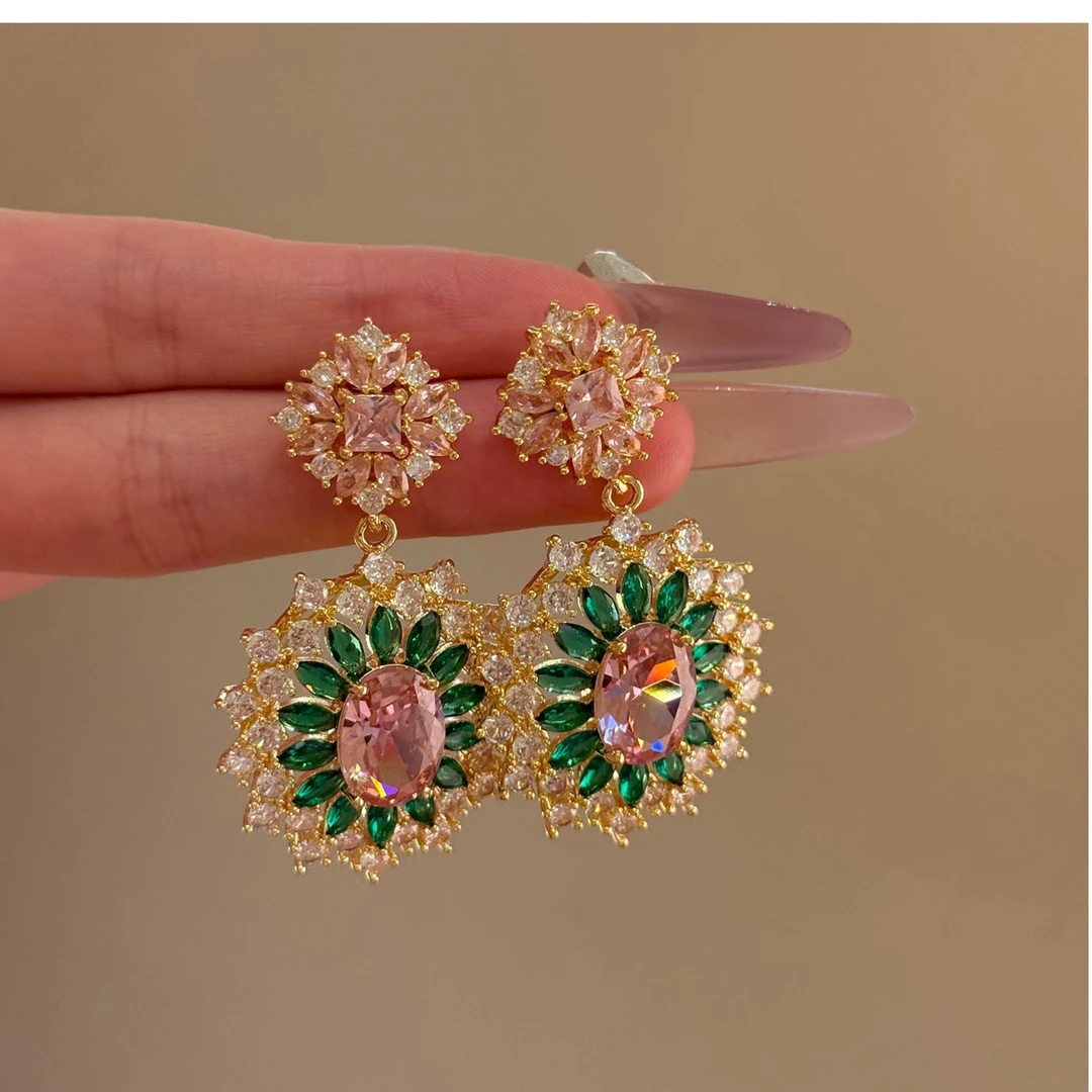 铜合金耳饰 银针锆石花朵吊坠耳环欧美宫廷风耳钉轻奢高级感耳饰