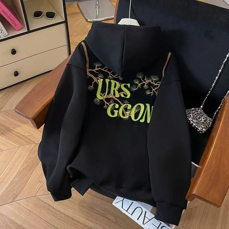 2025新款美式复古罗汉松连帽卫衣男女春秋冬薄款重磅潮牌外套上衣