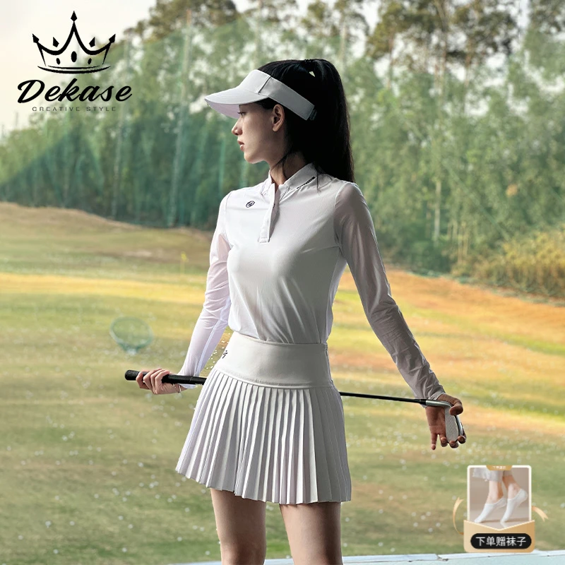 DEKASE高尔夫女装夏季冰丝防晒白色上衣简约百搭防走光百褶短裙服