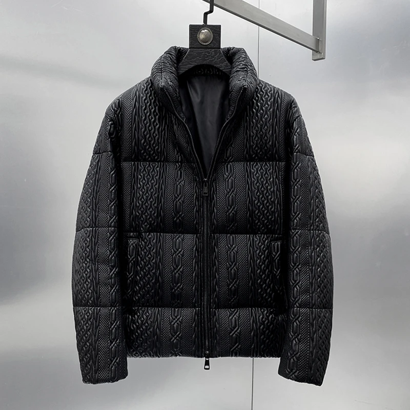 “115万针”進口羊皮百灵达麻花绣真皮短款立领男士 休闲外套