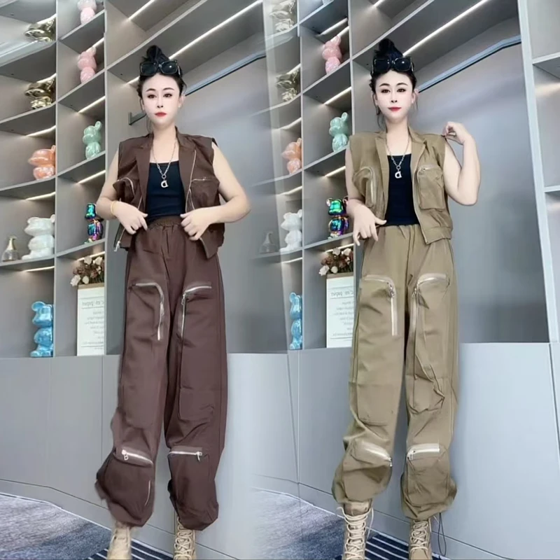 2025工装套装潮流百搭口袋设计新款时尚洋气个性马甲长裤两件套女