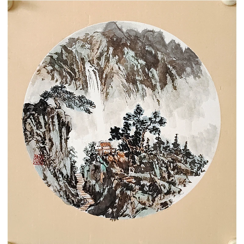 山水画  瀑布 斗方山水画 国画  卡纸 25*25cm