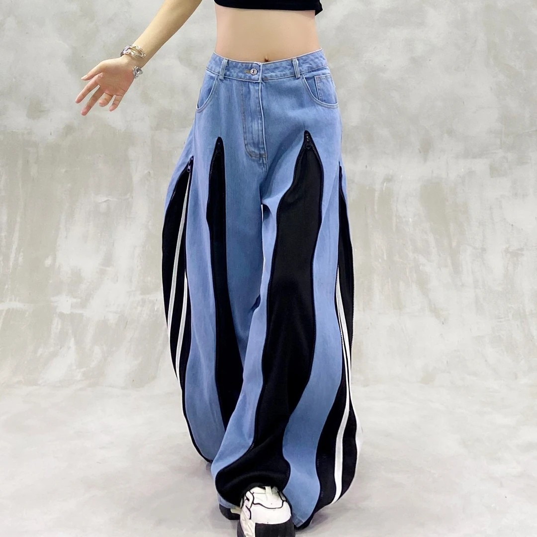 潮牌拉链设计宽松阔腿拖地裤女秋新款高腰宽松显瘦百搭直筒牛仔裤