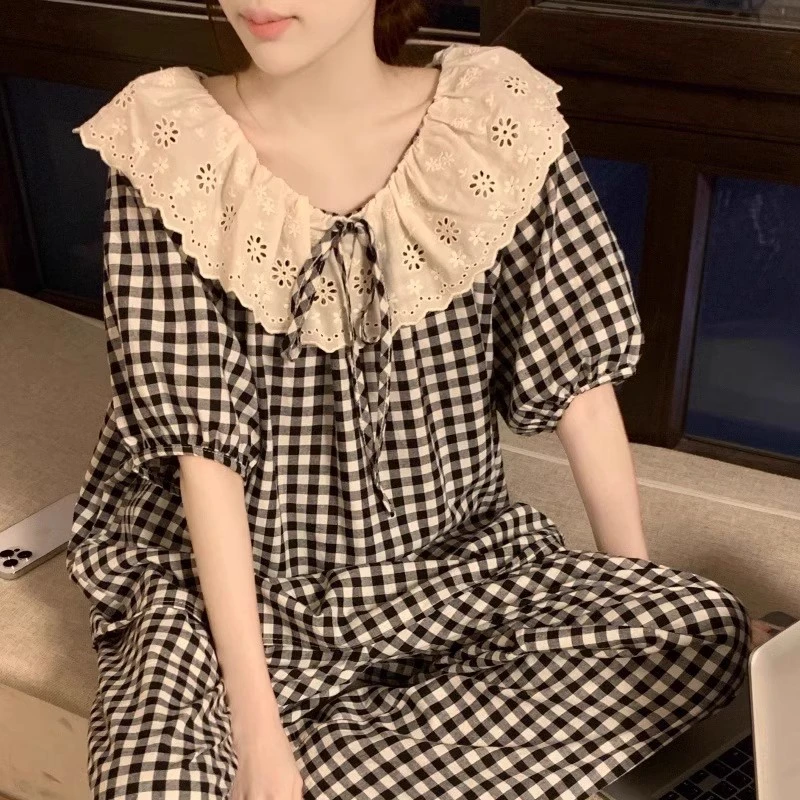 日系甜美ins格子蕾丝圆领套头睡衣女款夏季短袖短裤家居服三件套