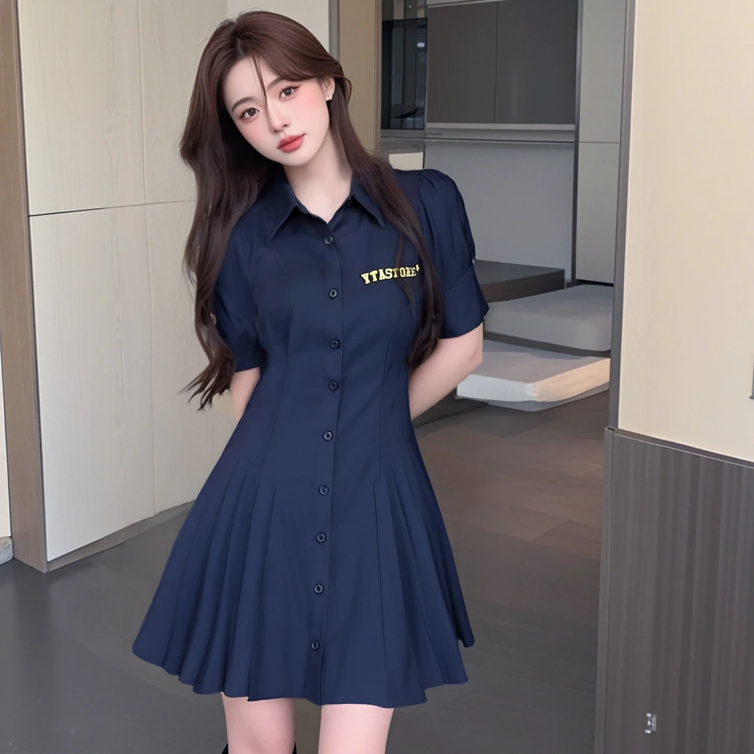 A气质时尚连衣裙夏季女衬衫裙收腰显瘦藏青色高腰短裙D0775